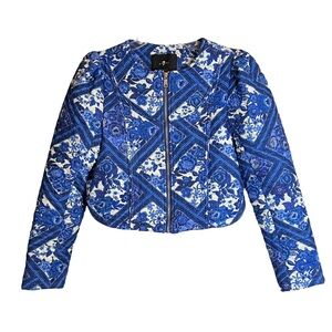 7 For All Mankind Quilted Cropped Jacket Blue Floral Geometric White Size Small